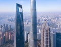 Aerial view of skyscraper and high-rise office buildings in Shanghai Downtown with Huangpu River, China. Financial district and Royalty Free Stock Photo