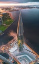 Aerial view of a skyscraper Lakhta Center and a panorama coast of the Gulf of Finland and the islands of the city, the Zenith