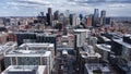 Aerial view of skyscrapers of Denver, Colorado under a cloudy sky