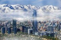 Aerial view on skyscrapers of Financial District of Santiago, capital of Chile under early morning fog