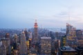 Aerial view of skyscrapers of Lower Manhattan and Empire State Building at dusk