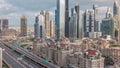 Aerial view of skyscrapers and road junction in Dubai timelapse Royalty Free Stock Photo