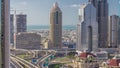 Aerial view of skyscrapers and road junction in Dubai timelapse Royalty Free Stock Photo