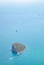 Aerial view of small Antalya Rat Island and diving boats in Mediterranean sea, Antalya, Turkey Royalty Free Stock Photo