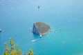 Aerial view of small Antalya Rat Island and diving boats in Mediterranean sea, Antalya, Turkey Royalty Free Stock Photo