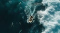 Serene marine scene with a lone boat amidst ocean waves, surrounded by sharks. tranquil but thrilling nature shot. AI