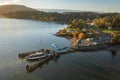 Aerial View of a Small Car Ferry Servicing Lummi Island, Washington. Royalty Free Stock Photo