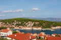 Jelsa - Aerial view of small coastal town Jelsa on Hvar island in Dalmatia, South Croatia, Europe. Coastline of Adriatic Sea Royalty Free Stock Photo