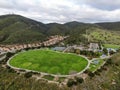 Aerial view of small community park in middle class neighborhood in the valley during clouded day Royalty Free Stock Photo