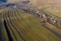 Aerial view of a small countryside village in the autumn