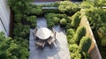 Aerial view of Small courtyard terrace, Simple green shrubs, High end design, Modern Royalty Free Stock Photo