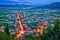 Aerial view of a small Croatian town in night with bright lights