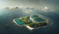 Aerial view of small exotic atoll islands in the open ocean sea. Beautiful nature landscape