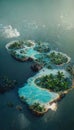 Aerial view of small exotic atoll islands in the open ocean sea. Beautiful nature landscape