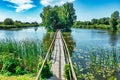 Aerial view, a small fishing house in the middle of the river on the island, Ukraine, summer, clear sunny weather.Concept, travel