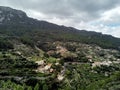 Aerial view of small hillside Banyalbufar town. Majorca, Spain