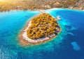 Aerial view of small island in sea bay at sunset in autumn Royalty Free Stock Photo