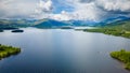 Aerial view of small islands on the huge freshwater Loch Lomond in the Scottish Highlands