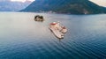 Aerial view of small islands of Ostrvo and Sveti Juraj monastery in the bay of Kotor, Montenegro