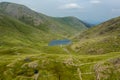 Aerial view of a small lake in a rugged mountain pass