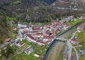 Aerial view of the small medieval town St-Ursanne on River Doubs under Jura Mountain Royalty Free Stock Photo