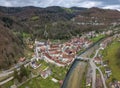Aerial view of the small medieval town St-Ursanne on River Doubs under Jura Mountains. Royalty Free Stock Photo