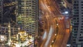 Aerial view of the small mosque of Dubai Marina illuminated by night timelapse Royalty Free Stock Photo