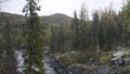 Aerial view of a small mountain river with big stones. Clip. Picturesque natural landscape, spring or autumn view of Royalty Free Stock Photo