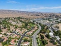 Aerial view of small neighborhood with dry desert mountain on the background in Moorpark Royalty Free Stock Photo