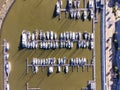 Aerial view of a small pier with speedboats and sailing boats docket at Marina harbour in Lisbon downtown, Oriente, Lisbbon, Royalty Free Stock Photo