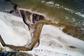 Aerial view of small river on Baltic sea beach, Latvia.