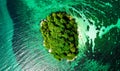 Aerial view of small rocky island with only trees and plants,