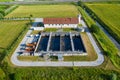 Aerial view of small sewage treatment plant with wastewater tanks and filters