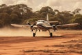 An aerial view of a small, single-engine plane gracefully touching down on a dusty dirt road amongst open fields, Small prop plane Royalty Free Stock Photo