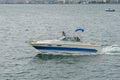 Aerial view of small speed boat in the Mission Bay of San Diego, California, USA. Royalty Free Stock Photo