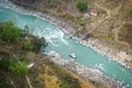 Aerial view of small suspension bridge in Nepal