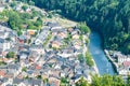 Aerial view of the small tourist city of Vianden in Luxembourg with the river Our next to it Royalty Free Stock Photo