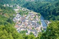 Aerial view of the small tourist city of Vianden in Luxembourg with the river Our next to it Royalty Free Stock Photo