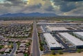 Aerial view of the small town of Avondale in a near warehouses among desert the Arizona