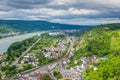 Aerial view of the small town Braubach and the Rhine Valley at R