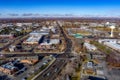 Aerial view of small-town Meridian Idaho with race track and water tower