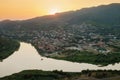 Aerial view of the small town and view of the merger of two rivers