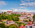 Aerial view of small town Vrsar Orsera and St. Martin Catholic Church. Colorful spring cityscape of  Croatia, Europe. Traveling Royalty Free Stock Photo