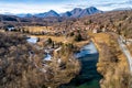 Aerial view of small village and lake of Brinzio on valey Rasa in a winter day, Varese, Italy. Royalty Free Stock Photo