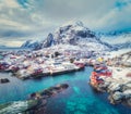 Aerial view of small village on the mountain in winter Royalty Free Stock Photo