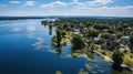 Aerial view of a small village on the shore of the lake