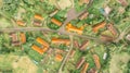 Aerial view of a small village.Top view of traditional housing estate in Czech. Looking straight down with a satellite