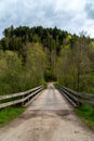 Aerial view on a small wooden bridge and trees Royalty Free Stock Photo