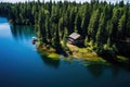 Aerial view of a small wooden house on the shores of the lake. Aerial view of wooden cottage in green pine forest by the blue lake Royalty Free Stock Photo