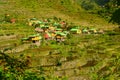 Aerial view of small, wooden houses in Batad village in Luzon, Philippines